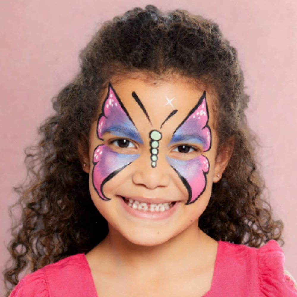 Girl with a vibrant butterfly face paint by Flutter Face Paint in Kanata